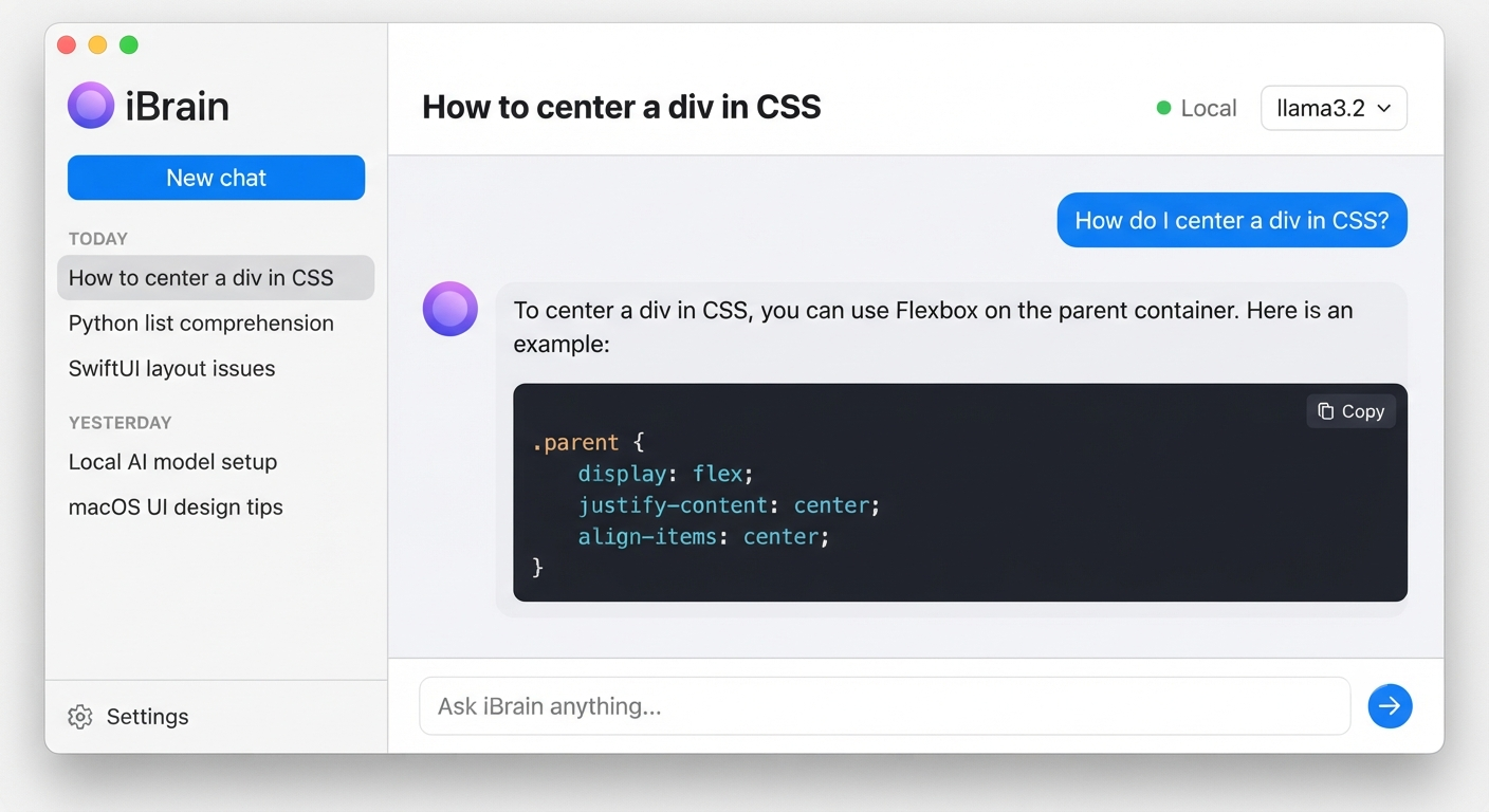 Illustrative iBrain interface preview; conversation content is a mockup