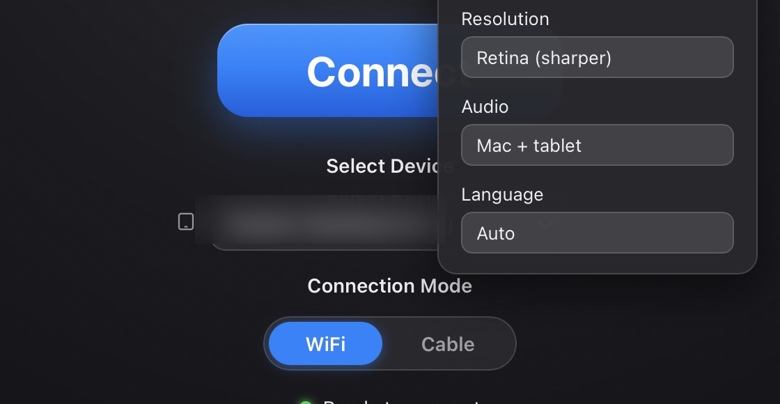 Screen Bridge connection setup; the Mac's device name is hidden
